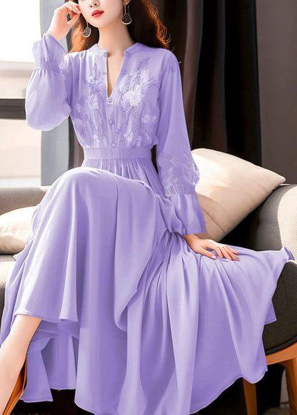 Beautiful Purple Embroidered Lace Elastic Waist Maxi Dresses Fall QR031 OM-ZS240929