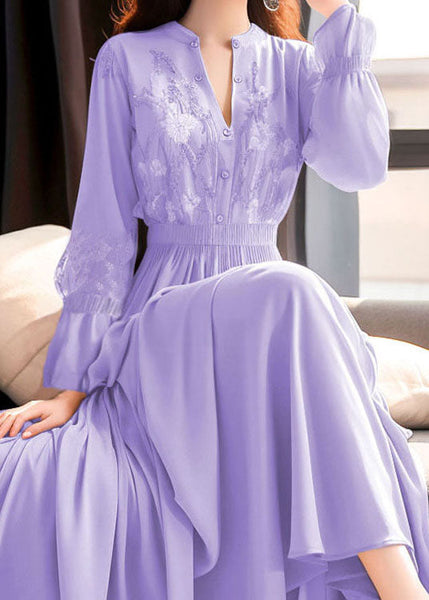 Beautiful Purple Embroidered Lace Elastic Waist Maxi Dresses Fall QR031 OM-ZS240929