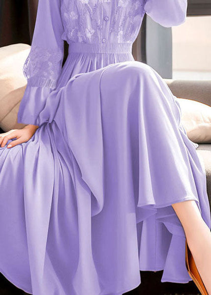 Beautiful Purple Embroidered Lace Elastic Waist Maxi Dresses Fall QR031 OM-ZS240929