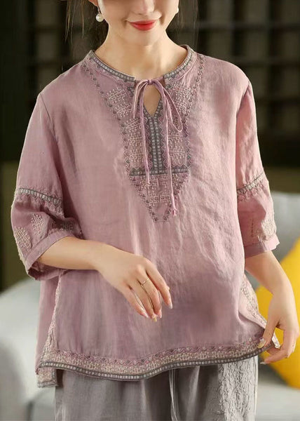 Purple Summer Linen Top Beautiful Embroidered Shirt FashionChic