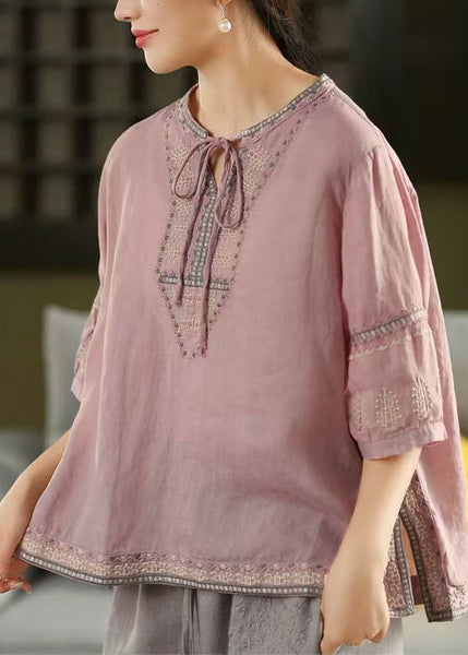 Purple Summer Linen Top Beautiful Embroidered Shirt FashionChic