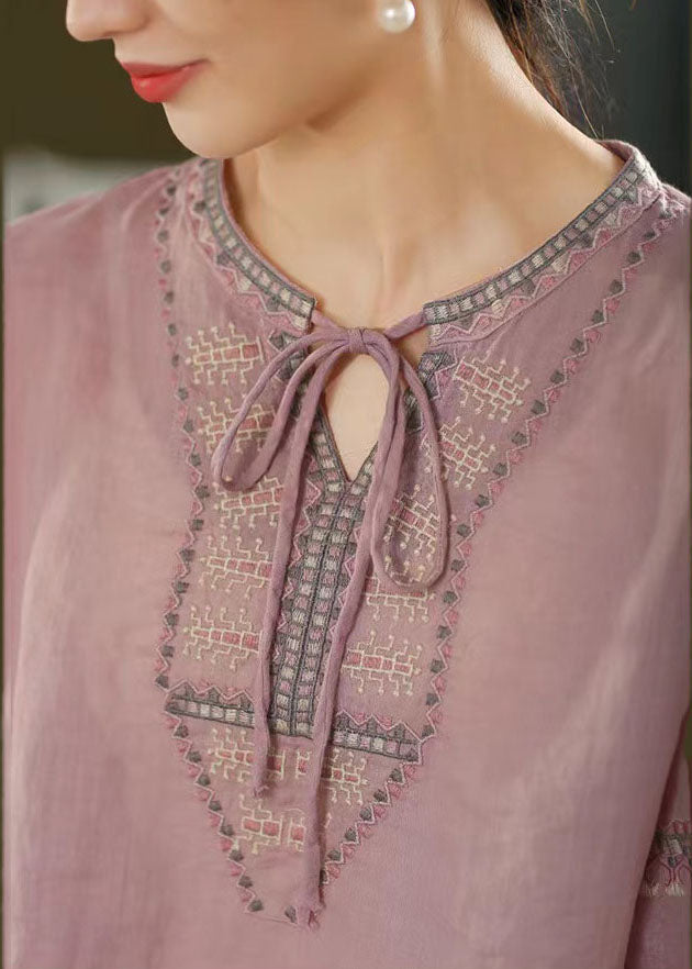Purple Summer Linen Top Beautiful Embroidered Shirt FashionChic