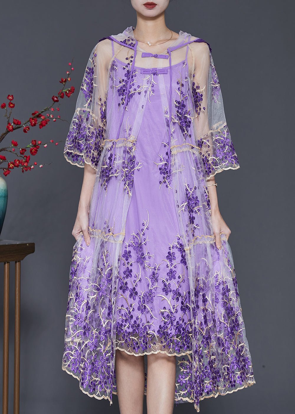 Beautiful Purple Embroidered Tulle Dress Two Pieces Set Summer SD1070 Ada Fashion