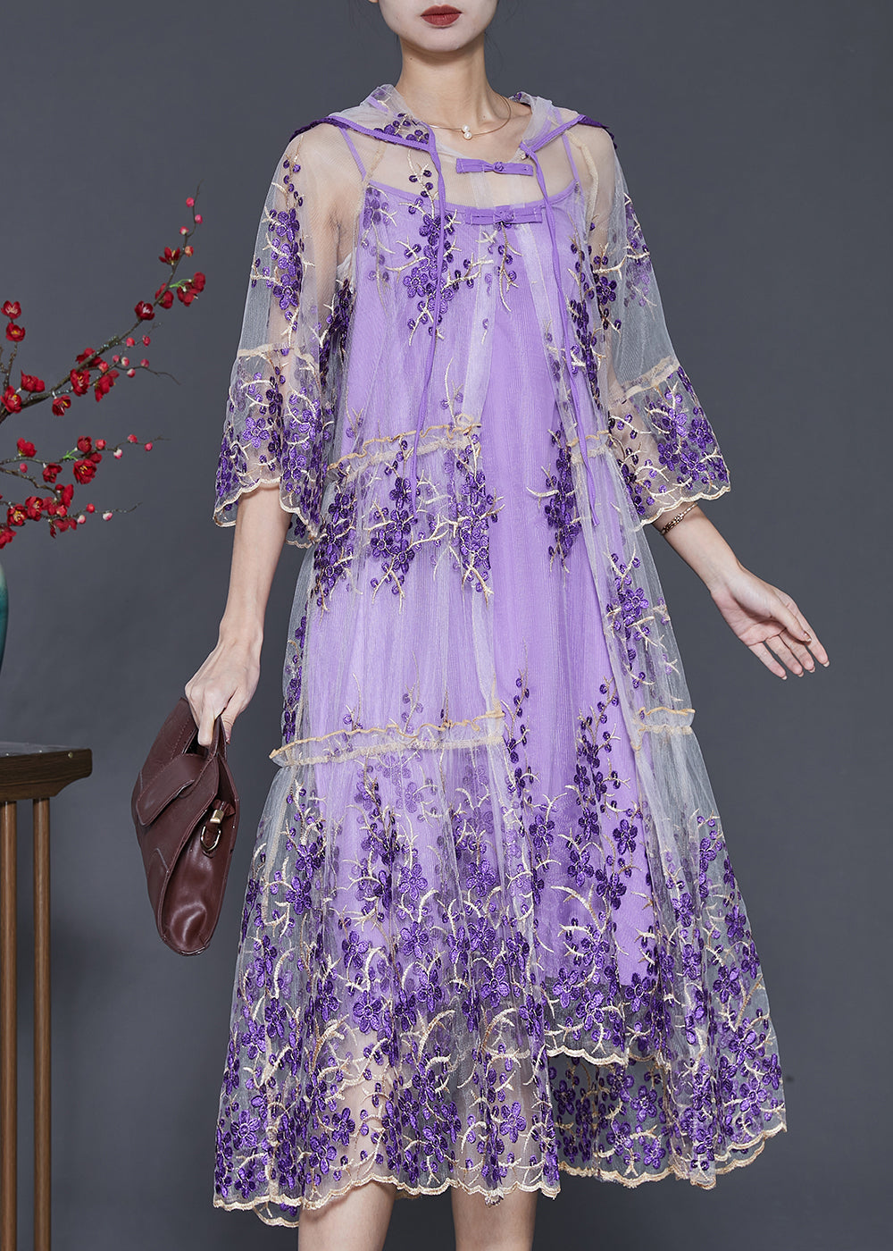 Beautiful Purple Embroidered Tulle Dress Two Pieces Set Summer SD1070 Ada Fashion