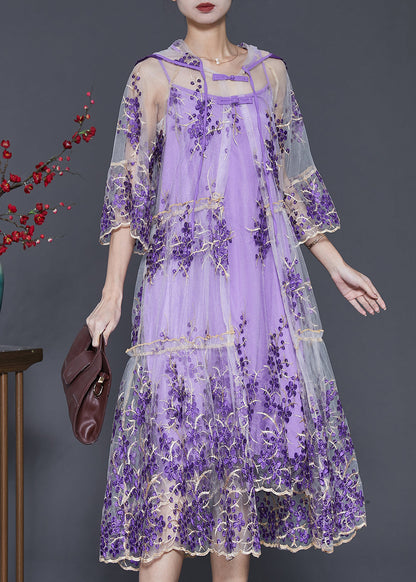 Beautiful Purple Embroidered Tulle Dress Two Pieces Set Summer SD1070 Ada Fashion