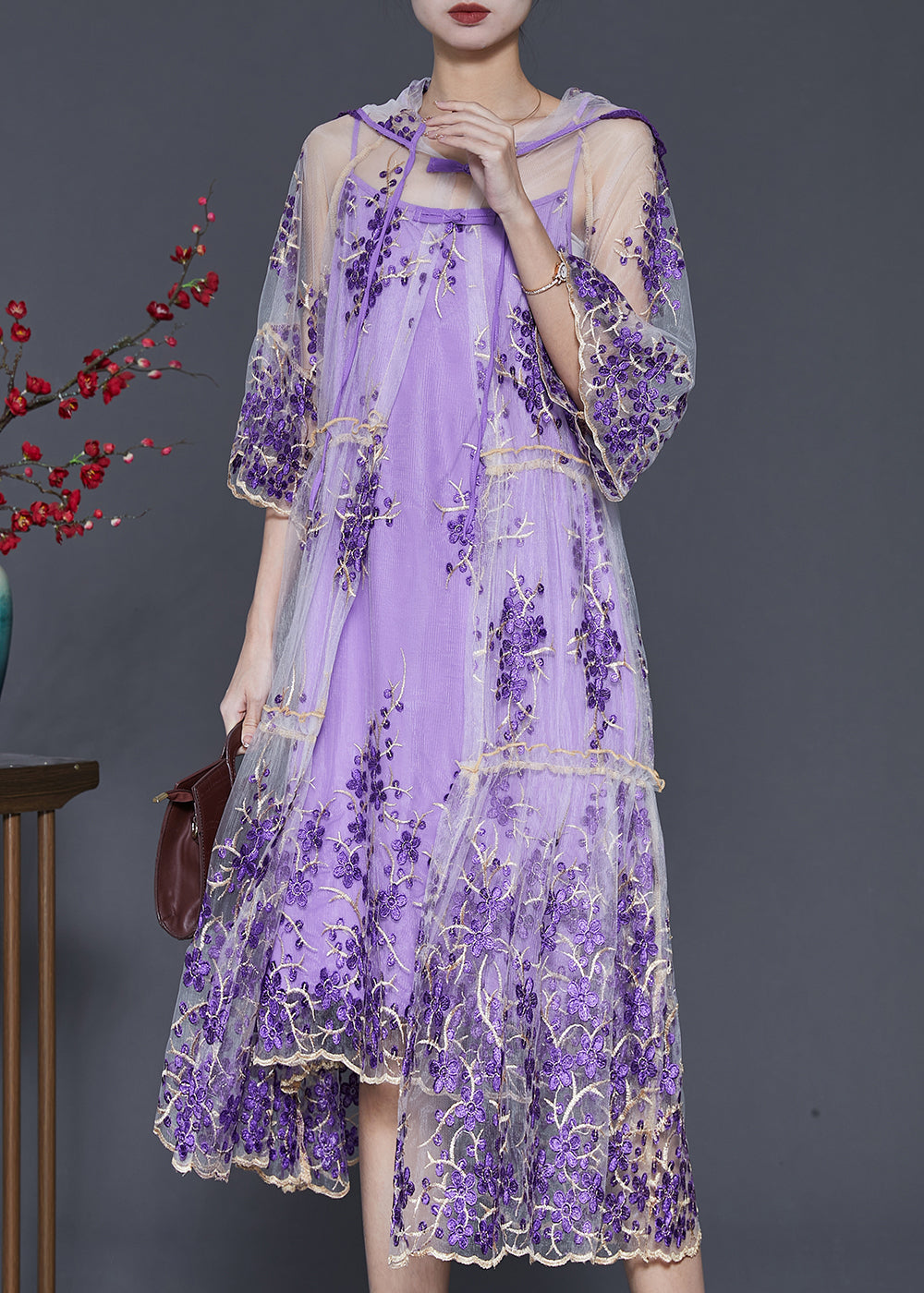 Beautiful Purple Embroidered Tulle Dress Two Pieces Set Summer SD1070 Ada Fashion