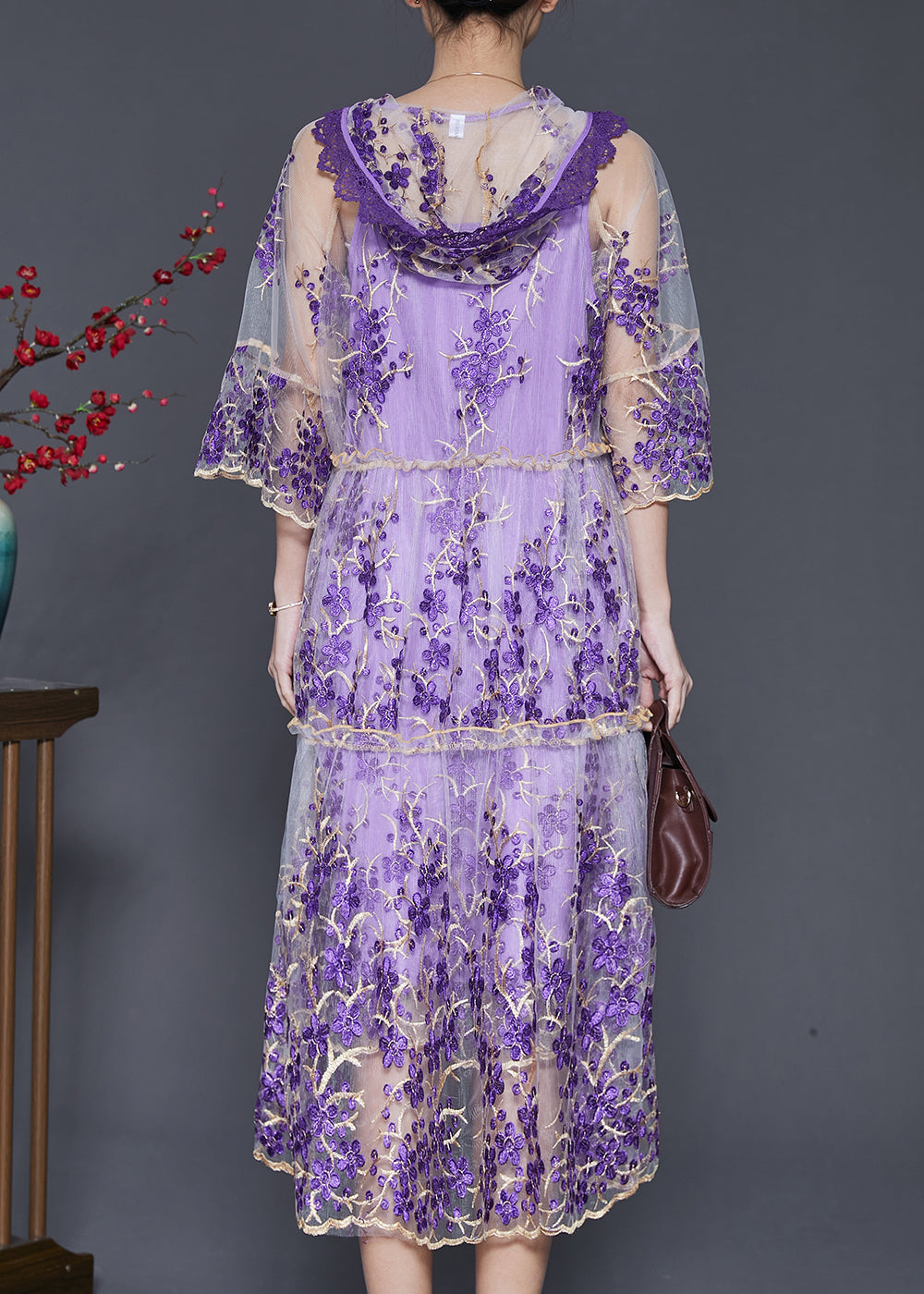 Beautiful Purple Embroidered Tulle Dress Two Pieces Set Summer SD1070 Ada Fashion