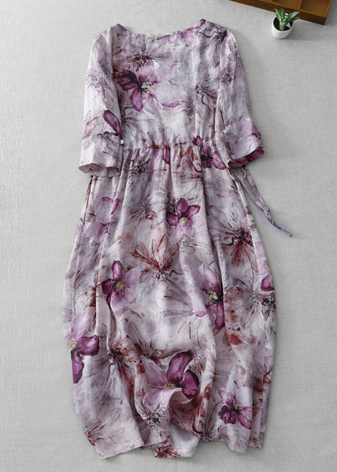 Beautiful Purple O Neck Print Lace Up Cotton Dress Half Sleeve GG027 MZF-SDL240610