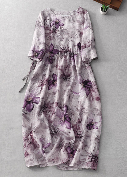 Beautiful Purple O Neck Print Lace Up Cotton Dress Half Sleeve GG027 MZF-SDL240610