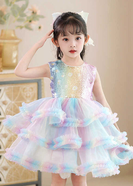 Beautiful Rainbow O-Neck Tulle Kids Maxi Dress Sleeveless YE016 ABC