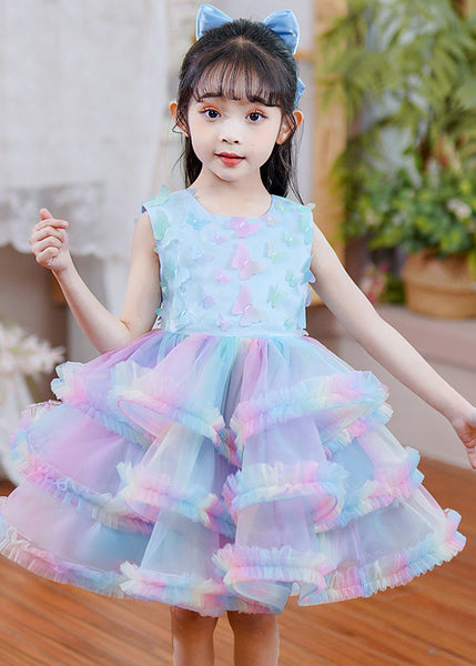 Beautiful Rainbow O-Neck Tulle Kids Maxi Dress Sleeveless YE016 ABC