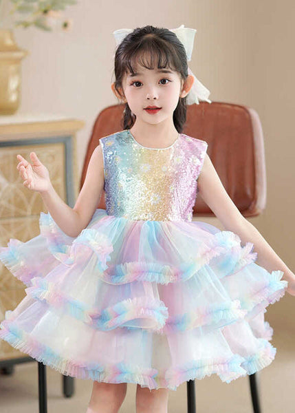 Beautiful Rainbow O-Neck Tulle Kids Maxi Dress Sleeveless YE016 ABC