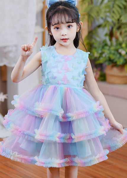 Beautiful Rainbow O-Neck Tulle Kids Maxi Dress Sleeveless YE016 ABC