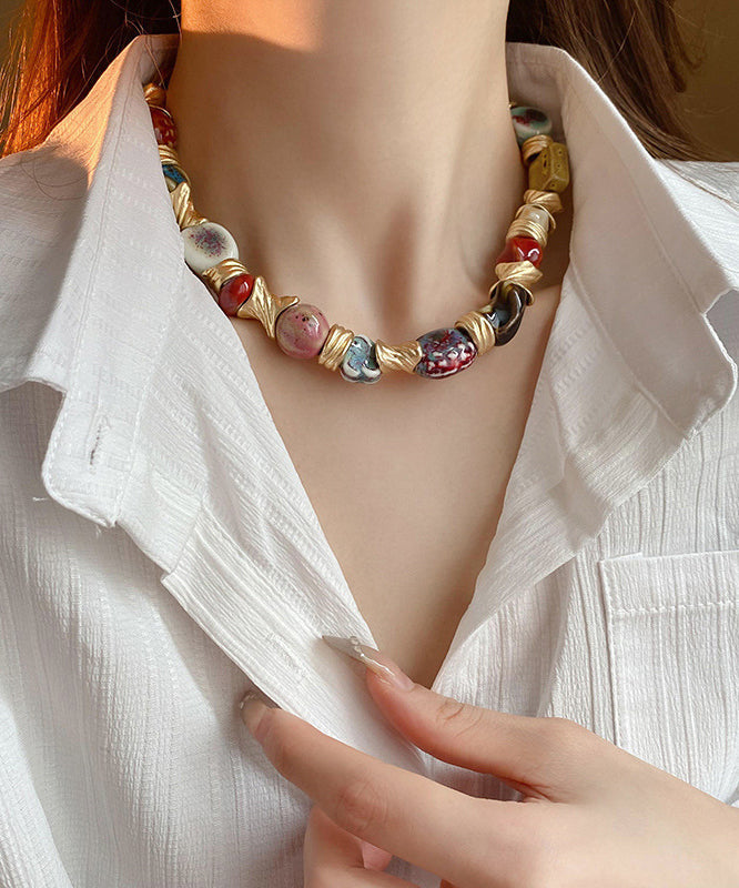 Beautiful Rainbow Sterling Silver Overgild Ceramic Beads Collar Necklace WI044 JEW-NLC241105