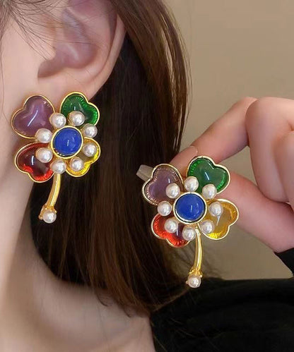 Beautiful Rainbow Sterling Silver Overgild Pearl Floral Stud Earrings DF1028 Ada Fashion