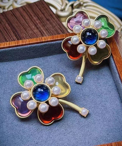 Beautiful Rainbow Sterling Silver Overgild Pearl Floral Stud Earrings DF1028 Ada Fashion