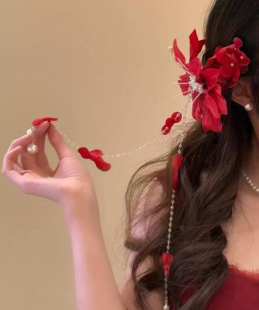Beautiful Floral Tassel Pearl Hairpin Red Acrylic FashionChic