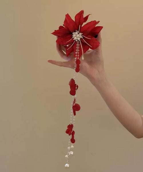 Beautiful Floral Tassel Pearl Hairpin Red Acrylic FashionChic