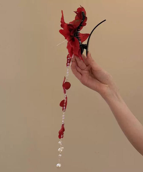 Beautiful Floral Tassel Pearl Hairpin Red Acrylic FashionChic
