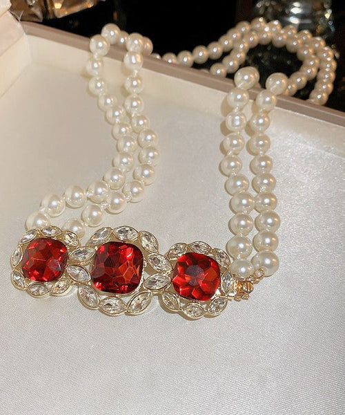 Beautiful Red Alloy Zircon Bilayer Pearl Gratuated Bead Necklace GH1022 Ada Fashion