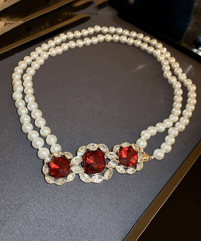 Beautiful Red Alloy Zircon Bilayer Pearl Gratuated Bead Necklace GH1022 Ada Fashion