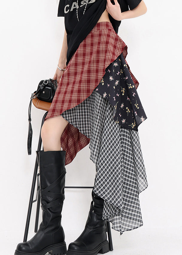 Red Beautiful Plaid Skirts Summer Asymmetrical Cotton FashionChic