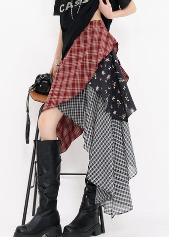 Red Beautiful Plaid Skirts Summer Asymmetrical Cotton FashionChic