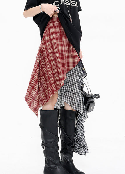 Red Beautiful Plaid Skirts Summer Asymmetrical Cotton FashionChic