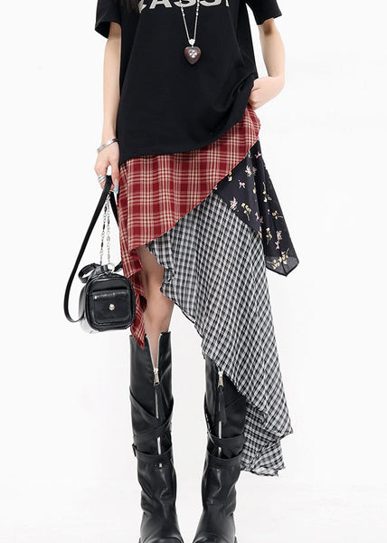 Red Beautiful Plaid Skirts Summer Asymmetrical Cotton FashionChic