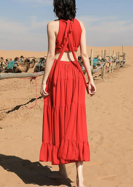 Beautiful Chiffon Red Long Sleeveless Up Lace Embroidered Dress FashionChic