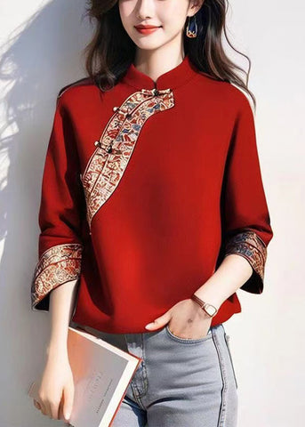 Beautiful Red Mandarin Collar Patchwork Cotton Pullover Tops Spring YJ044 ABC