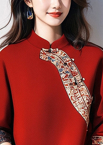 Beautiful Red Mandarin Collar Patchwork Cotton Pullover Tops Spring YJ044 ABC