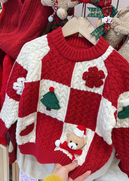 Beautiful Red O-Neck Thick Plaid Patchwork Cotton Knit Girls Sweaters Winter WL053 MM-RCTZ-NTGP241120
