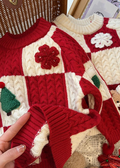 Beautiful Red O-Neck Thick Plaid Patchwork Cotton Knit Girls Sweaters Winter WL053 MM-RCTZ-NTGP241120