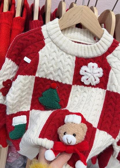 Beautiful Red O-Neck Thick Plaid Patchwork Cotton Knit Girls Sweaters Winter WL053 MM-RCTZ-NTGP241120