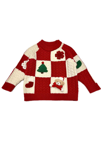 Beautiful Red O-Neck Thick Plaid Patchwork Cotton Knit Girls Sweaters Winter WL053 MM-RCTZ-NTGP241120