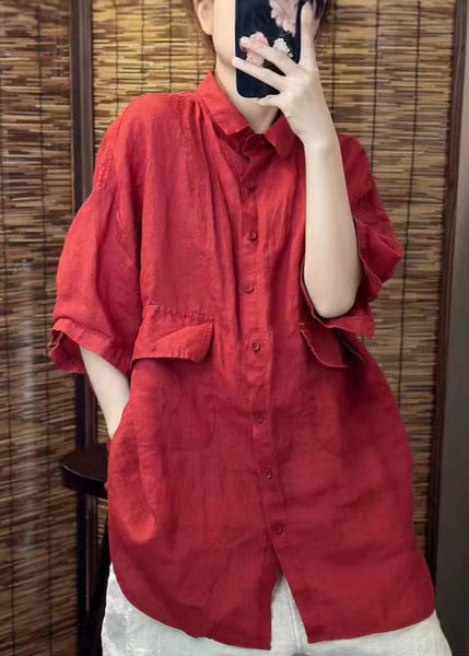 Summer Red Beautiful Linen Blouses Oversized Pockets FashionChic