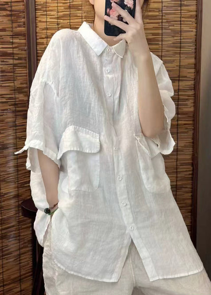 Summer Red Beautiful Linen Blouses Oversized Pockets FashionChic