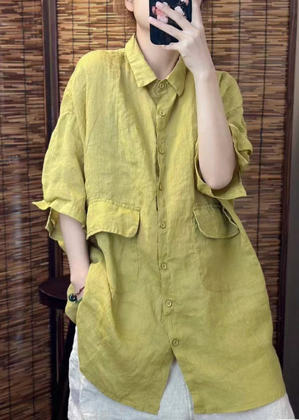 Summer Red Beautiful Linen Blouses Oversized Pockets FashionChic