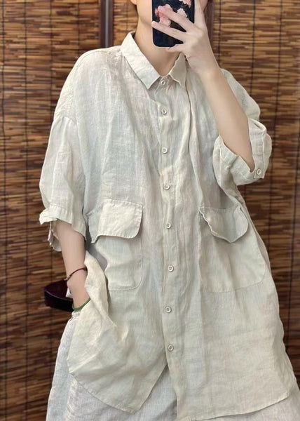 Summer Red Beautiful Linen Blouses Oversized Pockets FashionChic