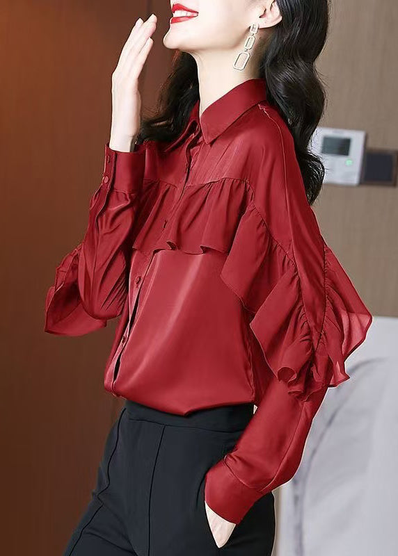Beautiful Red Peter Pan Collar Ruffled Patchwork Silk Shirts Spring RL027 ABC