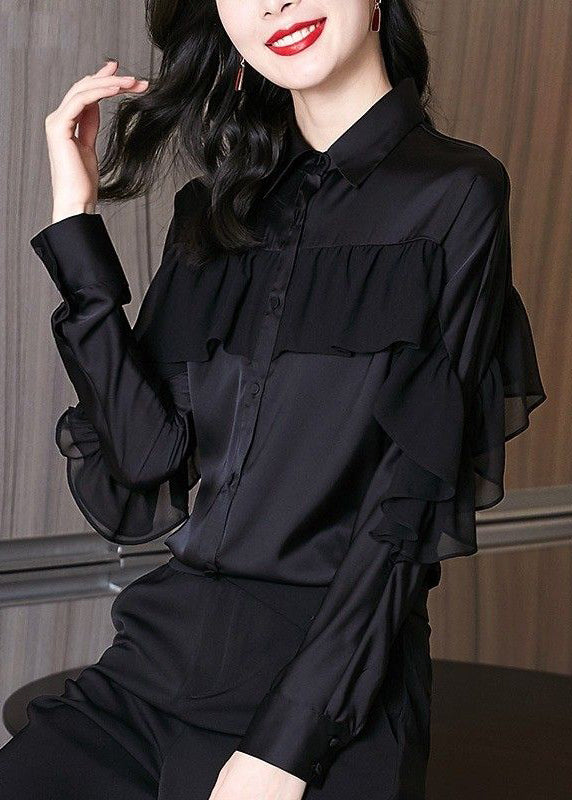 Beautiful Red Peter Pan Collar Ruffled Patchwork Silk Shirts Spring RL027 ABC