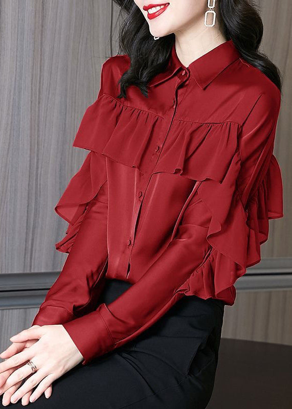 Beautiful Red Peter Pan Collar Ruffled Patchwork Silk Shirts Spring RL027 ABC