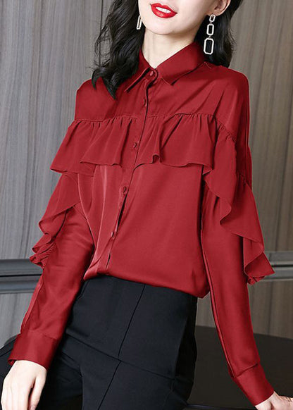 Beautiful Red Peter Pan Collar Ruffled Patchwork Silk Shirts Spring RL027 ABC