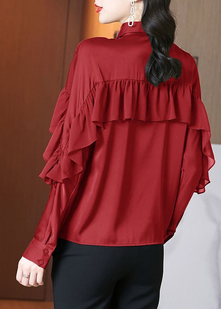 Beautiful Red Peter Pan Collar Ruffled Patchwork Silk Shirts Spring RL027 ABC