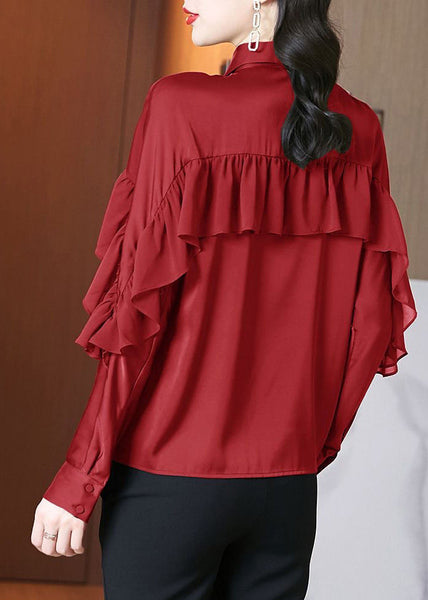Beautiful Red Peter Pan Collar Ruffled Patchwork Silk Shirts Spring RL027 ABC