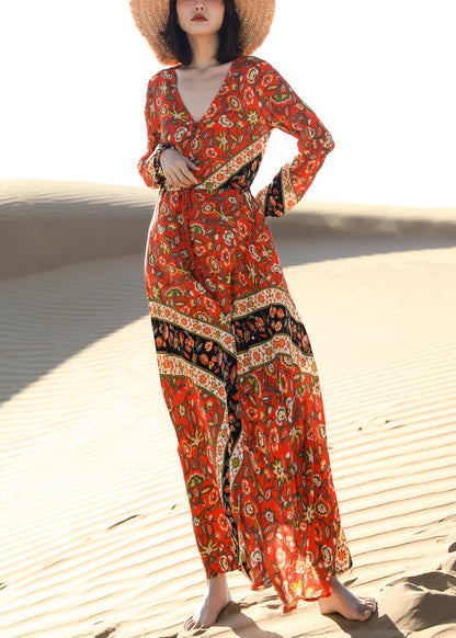 Lace Print Fall Red Pockets Long Beautiful Dress Up FashionChic