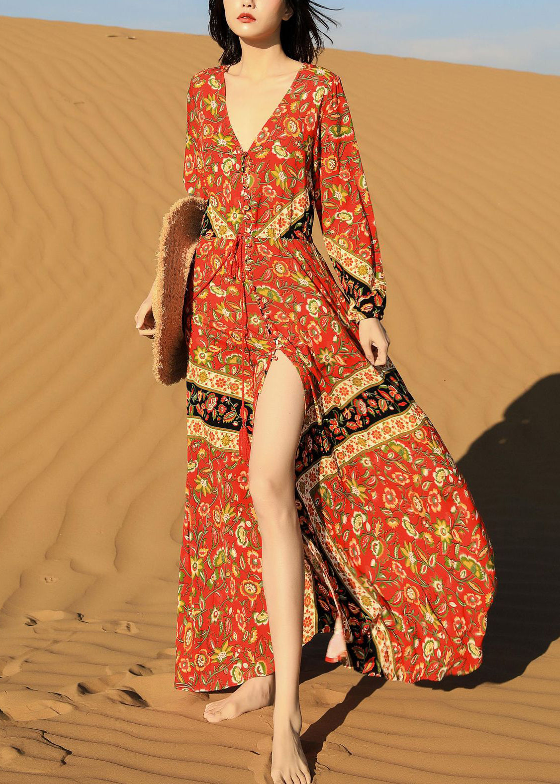 Lace Print Fall Red Pockets Long Beautiful Dress Up FashionChic