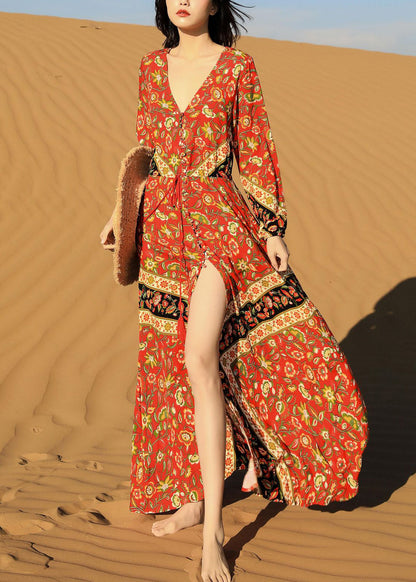 Lace Print Fall Red Pockets Long Beautiful Dress Up FashionChic