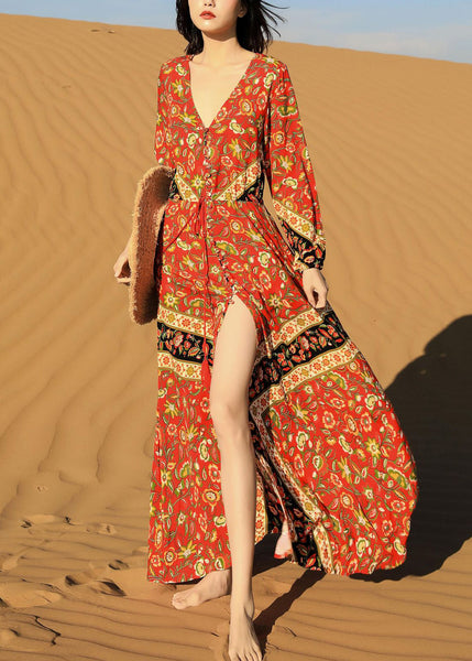 Lace Print Fall Red Pockets Long Beautiful Dress Up FashionChic